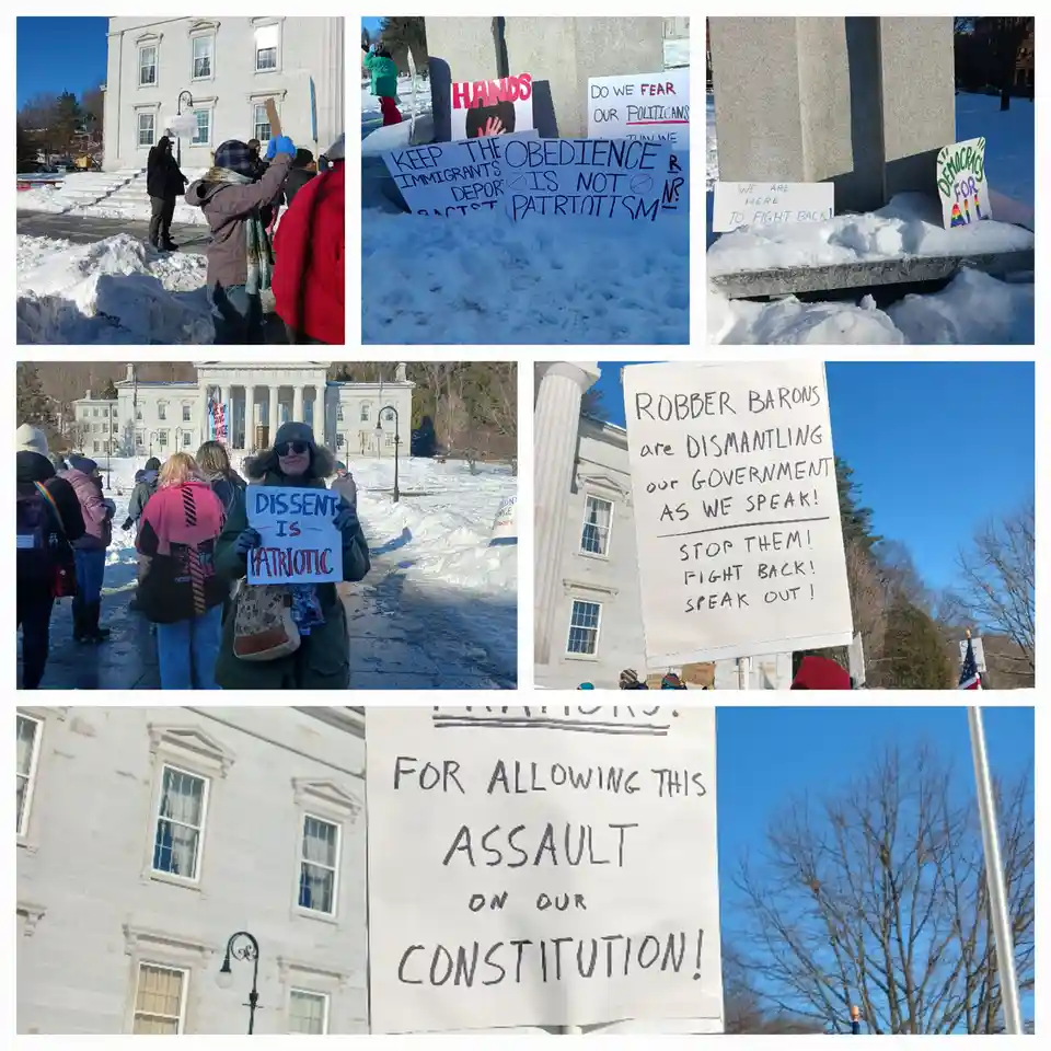 A collage of six photos from a snowy protest outside a large white government building, showing demonstrators holding…