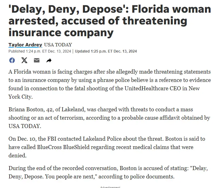 A screenshot of a USA TODAY news article about a Florida woman, Briana Boston, arrested for allegedly threatening an…