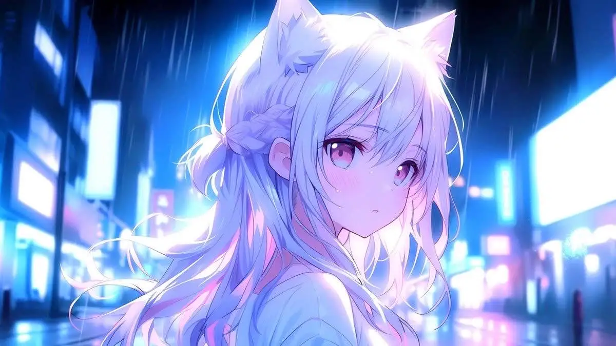 A stylized anime girl with cat ears and long light-blue hair stands in a rainy, neon-lit city at night. Her expression is…