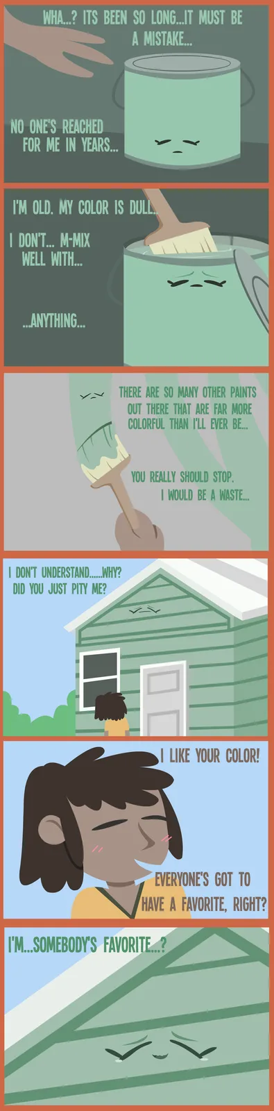 A six-panel comic strip featuring an anthropomorphic green paint can expressing sadness and self-doubt about being outdated…