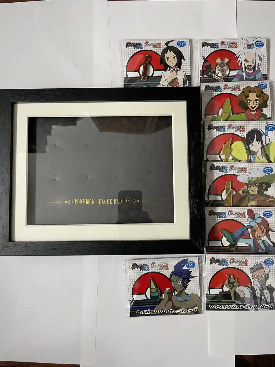 A black-framed display case labeled 'POKEMON LEAGUE BADGES' sits empty, surrounded by several packaged Pokémon League badge…