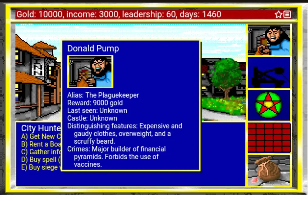 A screenshot from a pixelated strategy game shows a character profile for 'Donald Pump,' alias 'The Plaguekeeper,' with…