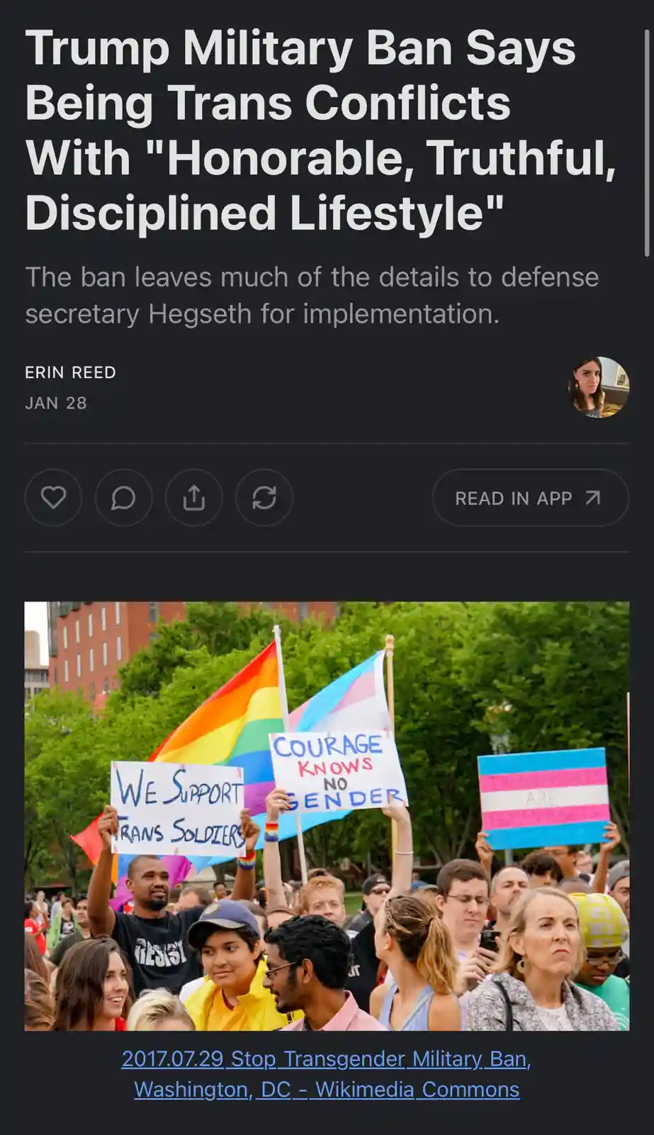 A screenshot of a news article headline about a Trump military ban on transgender service members, overlaid on a photo of a…