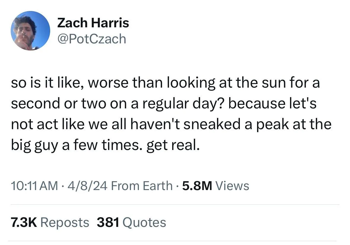 A screenshot of a tweet by Zach Harris (@PotCzach) with a circular profile picture of a man with dark curly hair and a…
