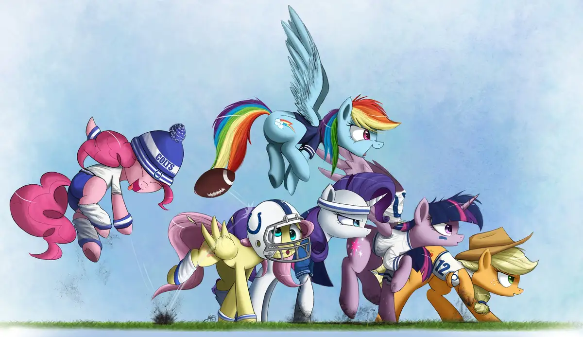 Several My Little Pony characters are depicted in American football gear, including helmets and jerseys, posing on a grassy…