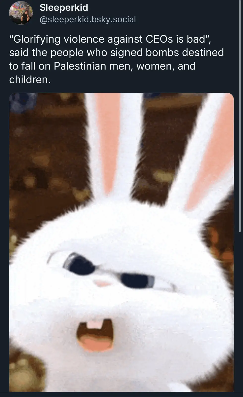 A close-up image of a white animated rabbit with long ears, wide eyes, and an open mouth, conveying shock or disbelief. The…