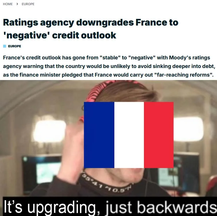 A screenshot of a news article about Moody's downgrading France's credit outlook is overlaid with an image of a person whose…