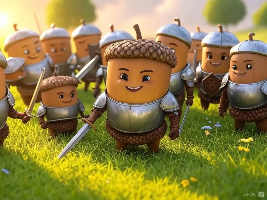 A cheerful, cartoonish acorn character wearing silver armor and holding a sword stands in the foreground of a grassy field…
