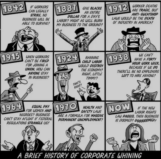 A black-and-white comic strip grid showing nine panels, each depicting a different year (1842-1938, then 'NOW') with a…