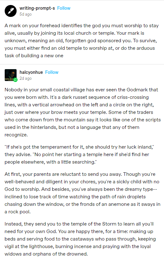 A screenshot of a Reddit thread where a user describes a fictional world where people have a 'Godmark' on their forehead to…