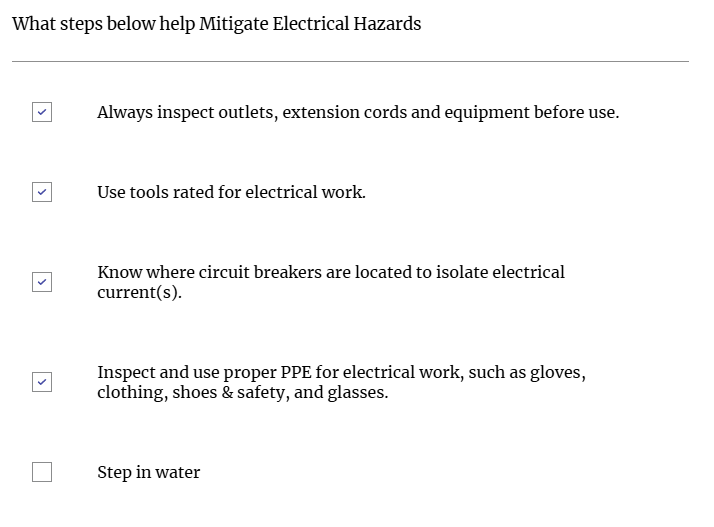 A checklist titled 'What steps below help Mitigate Electrical Hazards' lists four safety measures with checkmarks, and the…