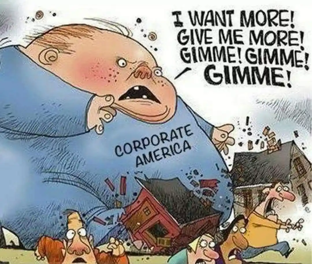 A cartoon depicts a giant, bald man wearing a blue shirt labeled 'CORPORATE AMERICA,' crushing small houses and people…