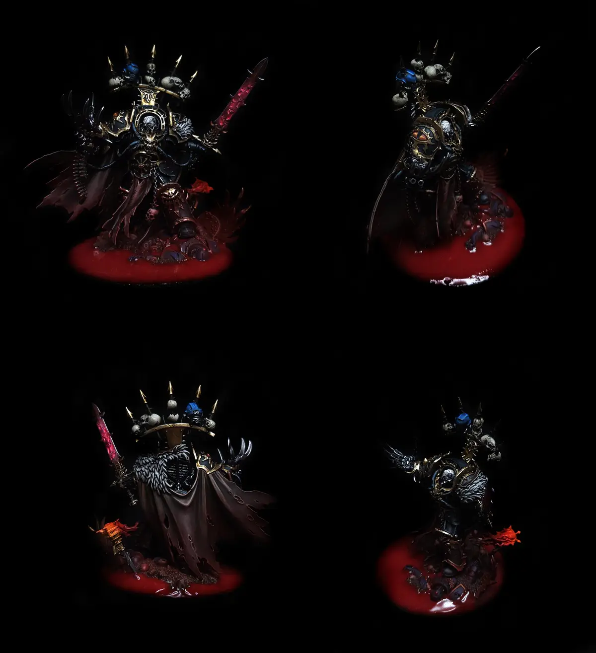 The image displays four views of a highly detailed, dark fantasy miniature figure, likely a Chaos Lord from Warhammer…