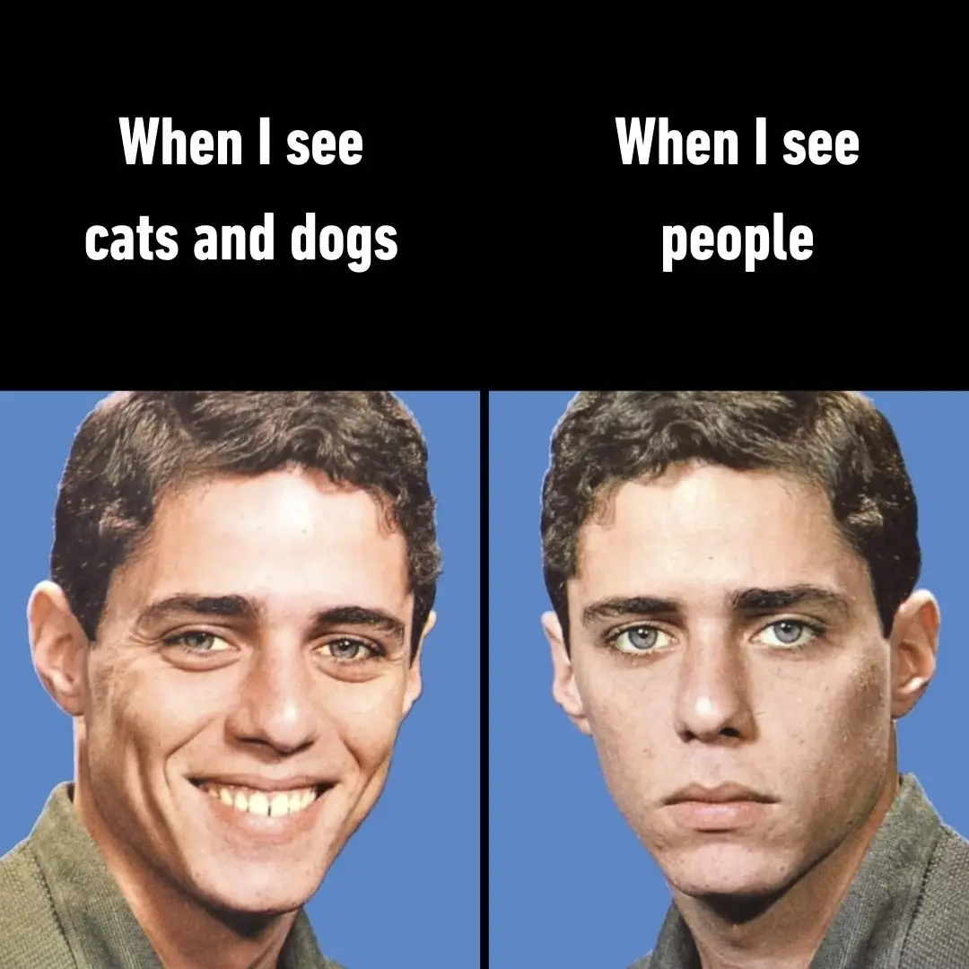 The image is split into two panels showing the same young man against a blue background. The left panel shows him smiling…