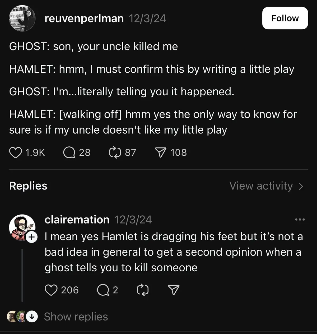 A screenshot of a social media post showing a fictional dialogue between Hamlet and a ghost, where Hamlet decides to write a…