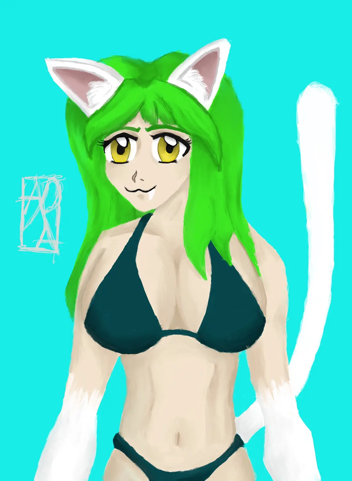 A digital illustration of an anime-style female character with green hair, white cat ears, and a white tail, wearing a dark…