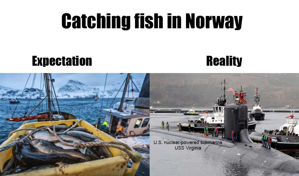 The image is split into two panels. The left panel, labeled 'Expectation,' shows a fishing boat with a yellow crate full of…