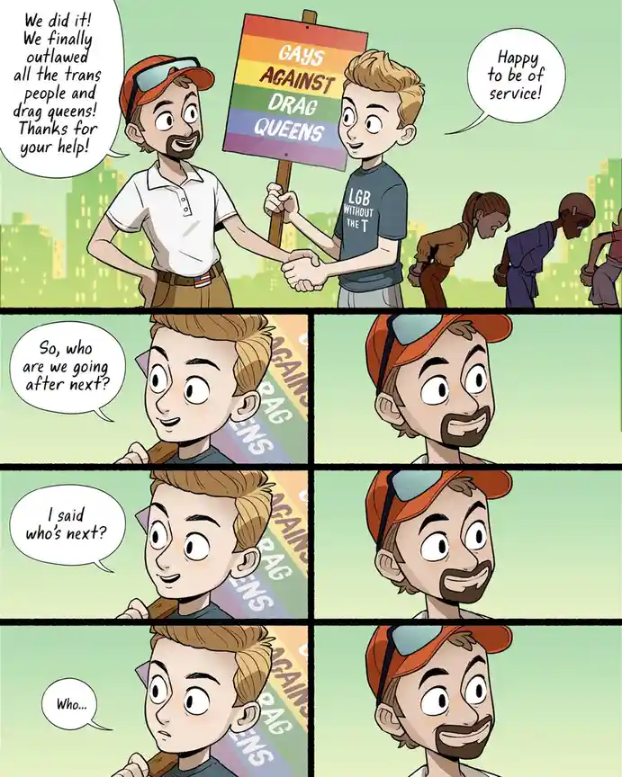 A four-panel comic strip shows two men shaking hands after a protest. One holds a rainbow flag sign reading 'GAYS AGAINST…