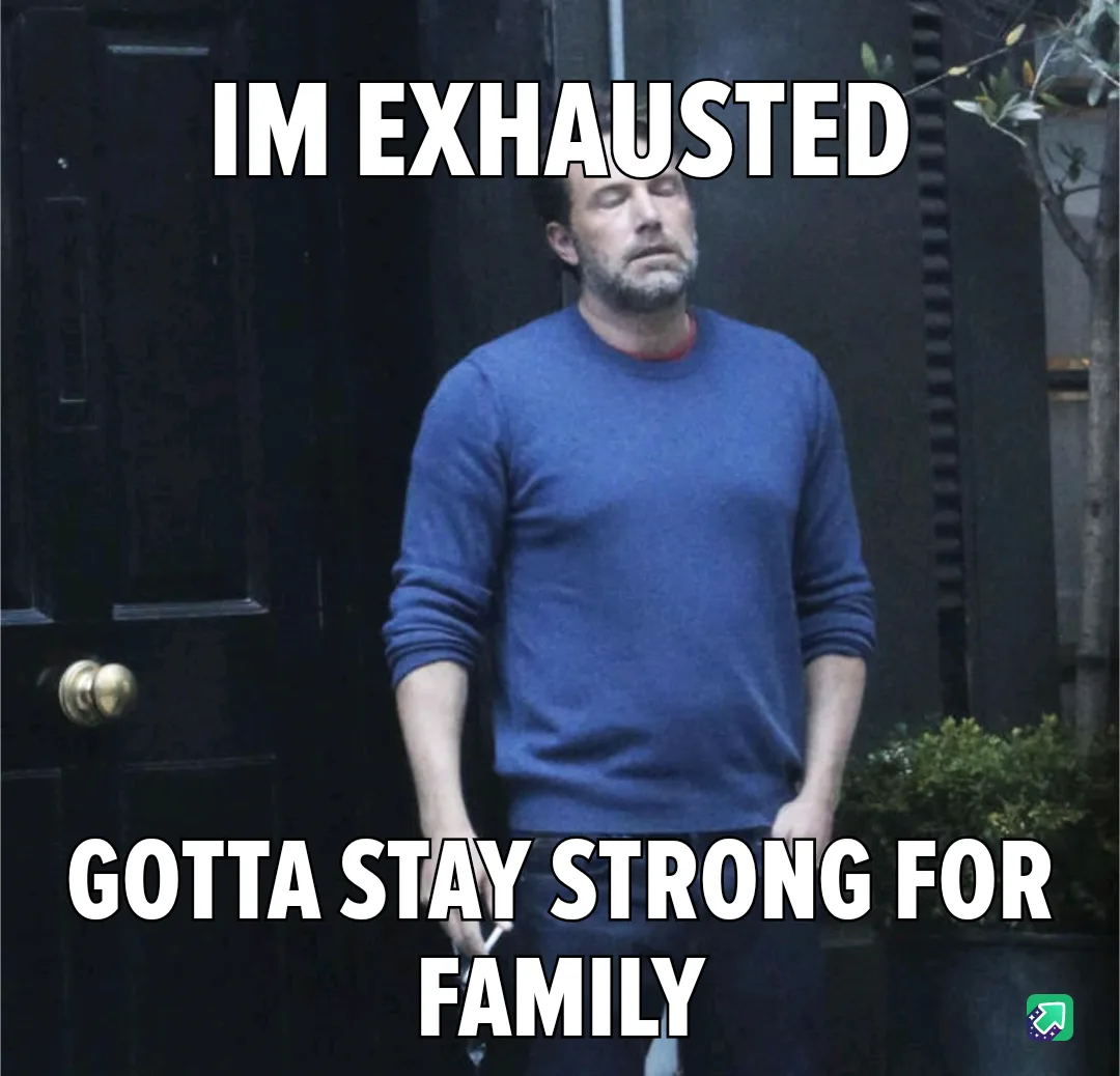A man in a blue sweater stands outside a dark door, looking tired with his eyes half-closed. The text overlaid on the image…