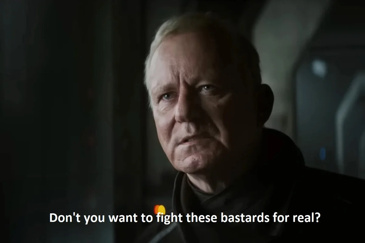 A close-up shot of a stern-looking older man with white hair and a dark uniform, set in a dimly lit, futuristic-looking…