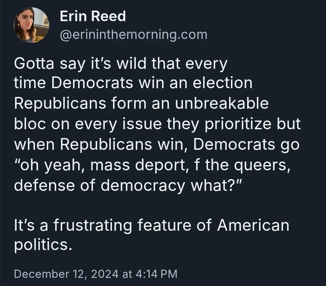 A screenshot of a tweet by Erin Reed from erininthemorning.com, posted on December 12, 2024, criticizing political hypocrisy…