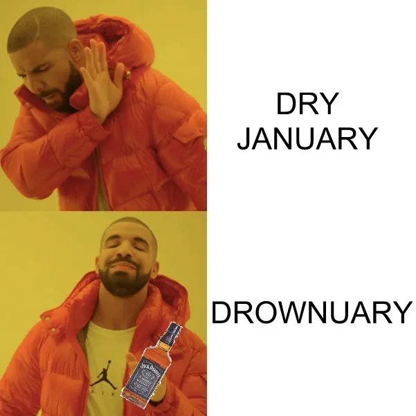 The image is a two-panel meme featuring Drake. In the top panel, he looks distressed with his hand to his head, labeled 'DRY…
