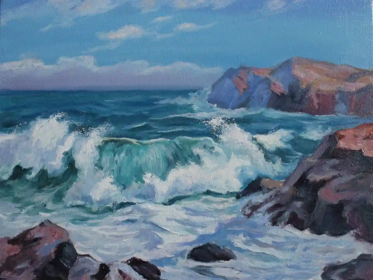 An oil painting depicts turbulent ocean waves crashing against rugged cliffs and rocks under a partly cloudy sky. The…