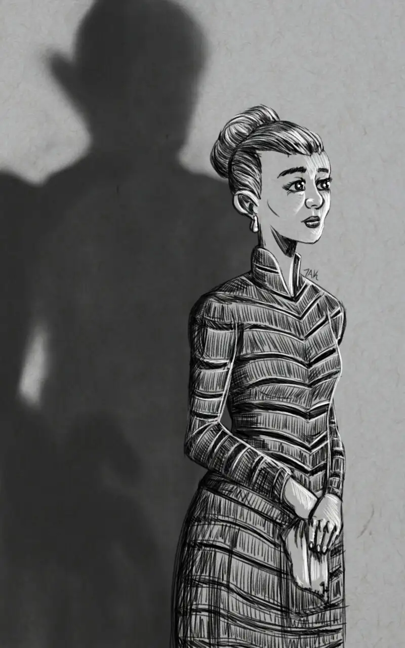 A black-and-white sketch of a woman in a fitted dress with her hair in a bun, looking over her shoulder. Behind her, a large…