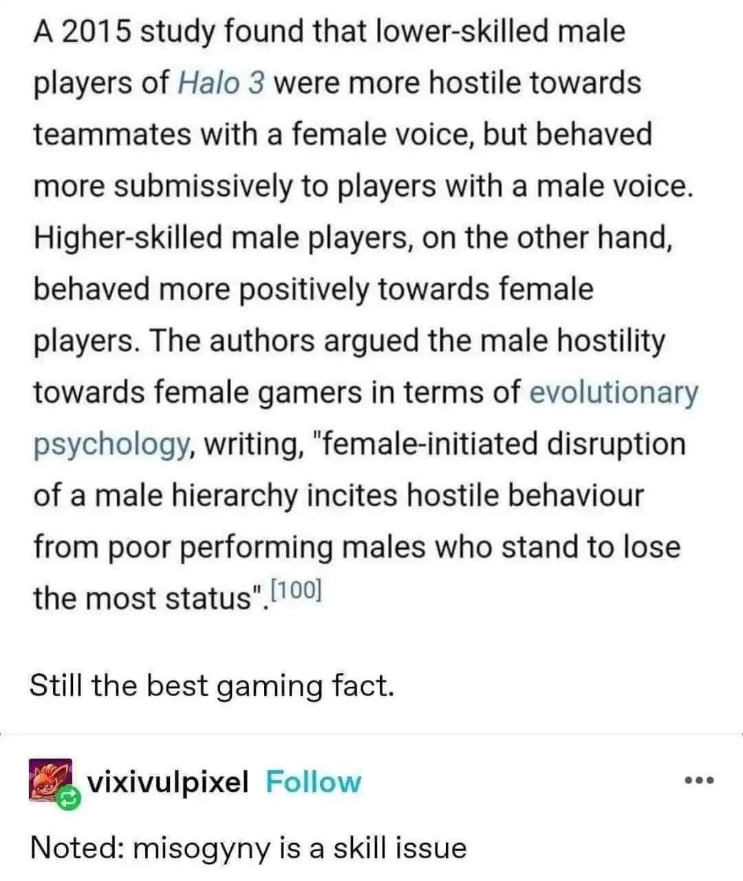 The image displays a screenshot of a social media post featuring a block of text summarizing a 2015 study about Halo 3…
