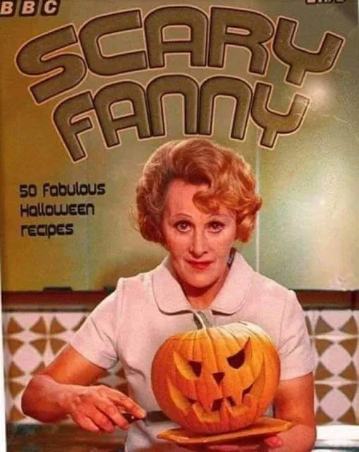 A vintage-style cookbook cover shows a woman with a stern expression holding a carved jack-o'-lantern. The title reads…