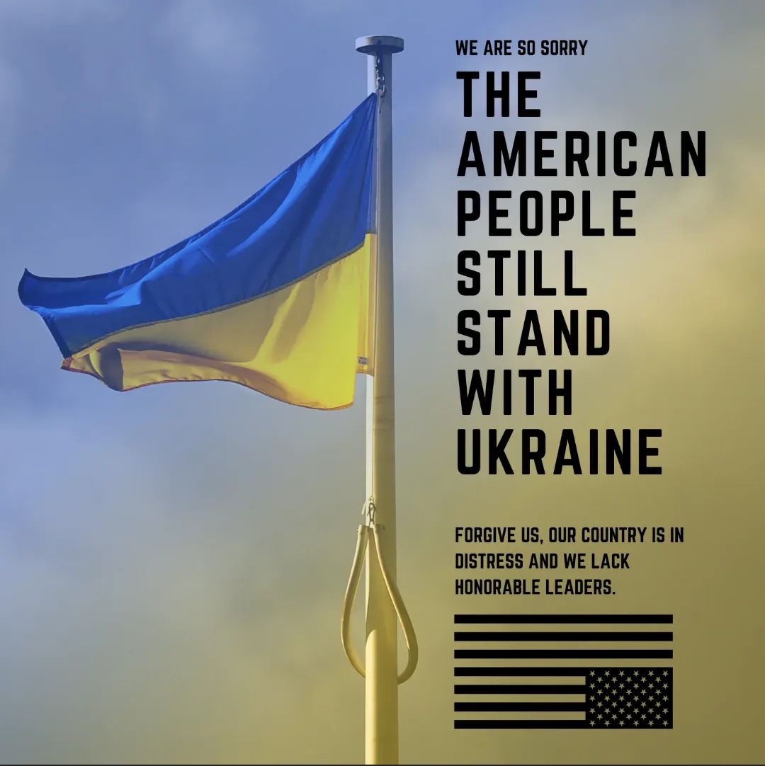 A Ukrainian flag flies on a pole against a cloudy sky, with bold black text overlaid on the right side. The text reads: 'WE…