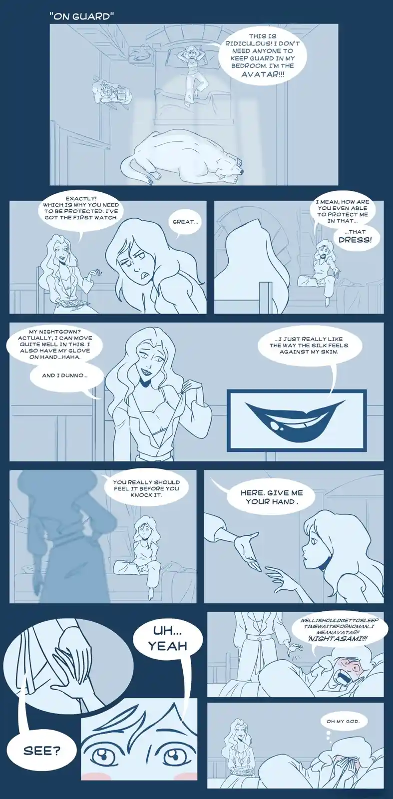 A comic strip titled 'ON GUARD' shows a character insisting she doesn't need guards because she's the Avatar, while another…