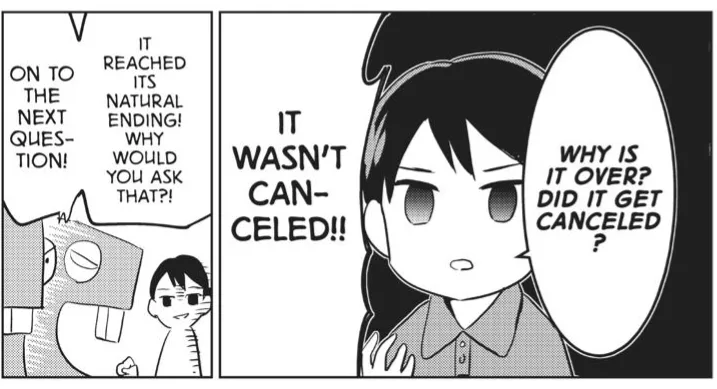 A black-and-white manga panel shows a character confusedly asking why something ended, mistaking 'natural ending' for…
