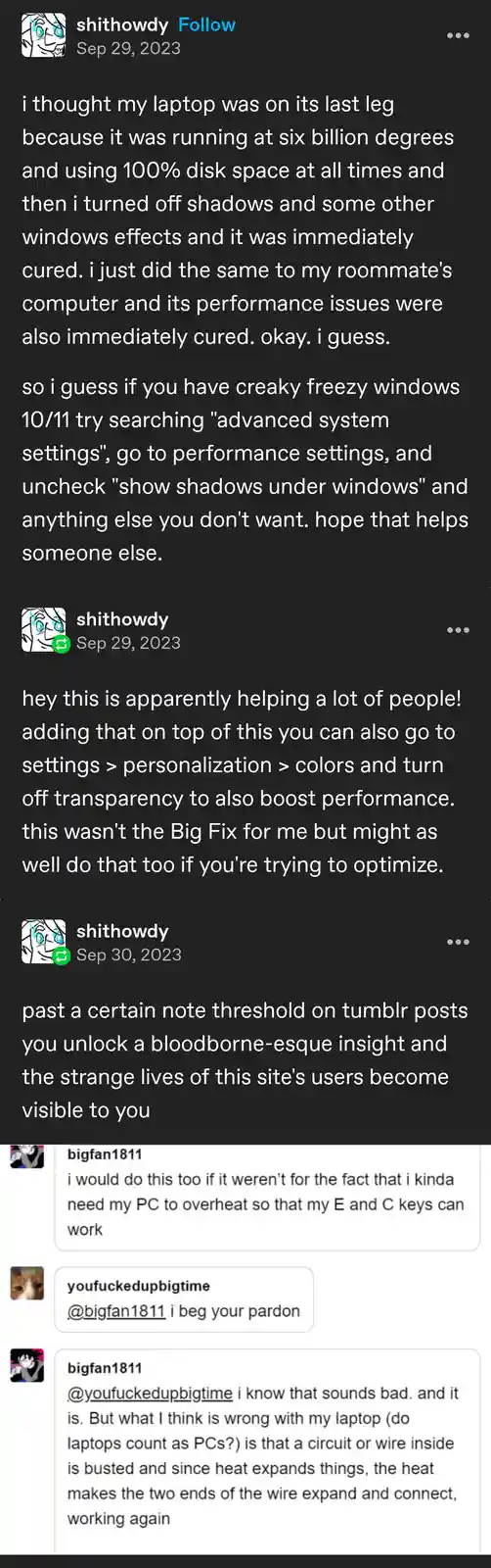 A screenshot of a social media post by 'shithowdy' from September 29, 2023, detailing a humorous anecdote about fixing a…