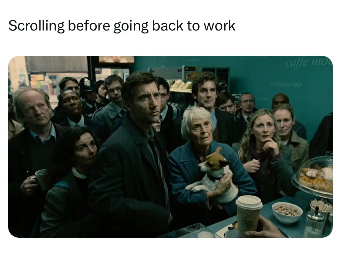 A group of people in a cafe, including an elderly woman holding a small dog, all stare with wide-eyed, shocked expressions…