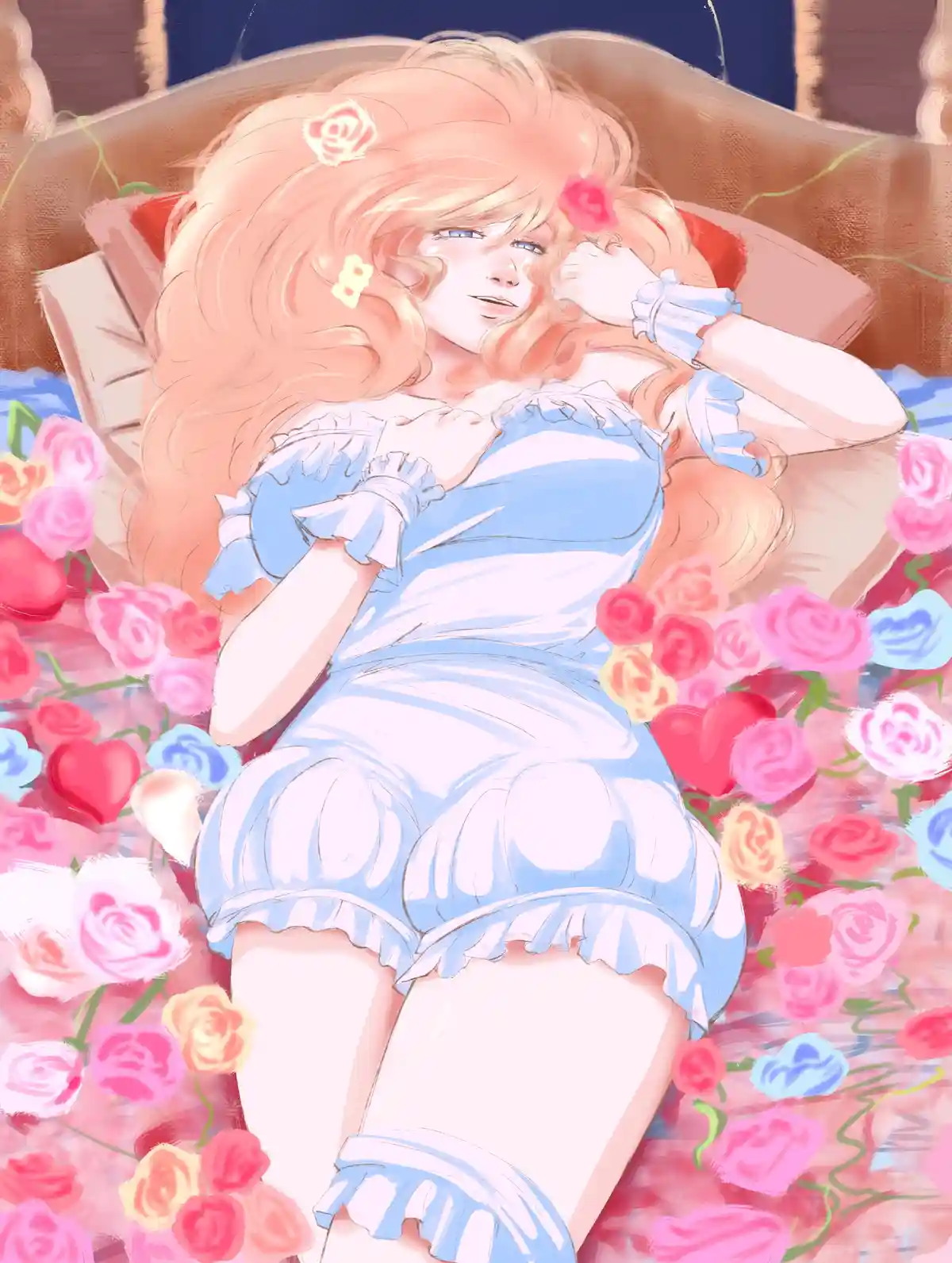 An anime-style illustration shows a young woman with long, wavy blonde hair adorned with small roses, lying on a bed…