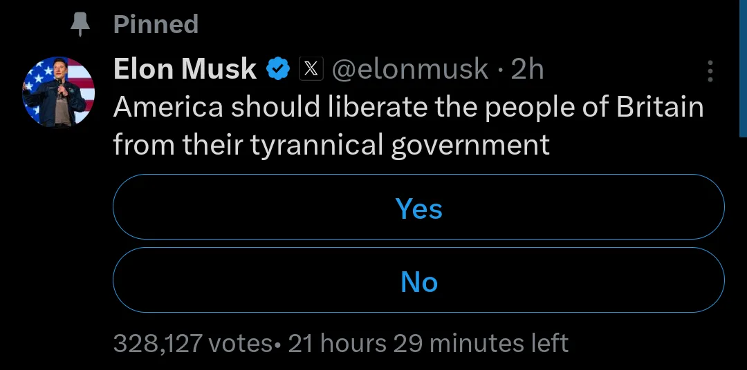 A screenshot of a Twitter poll pinned by Elon Musk's account, which asks if America should liberate the people of Britain…