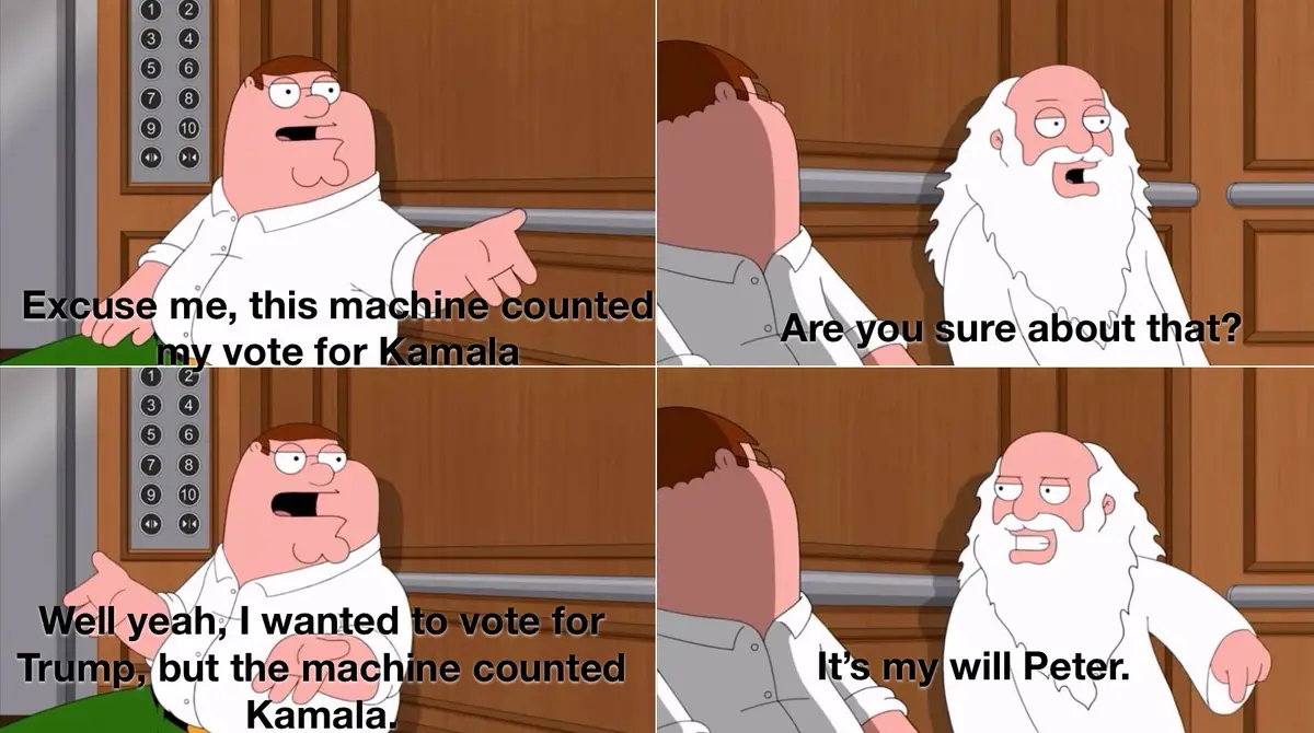 A four-panel Family Guy meme featuring Peter Griffin in an elevator. In the first panel, Peter claims a voting machine…