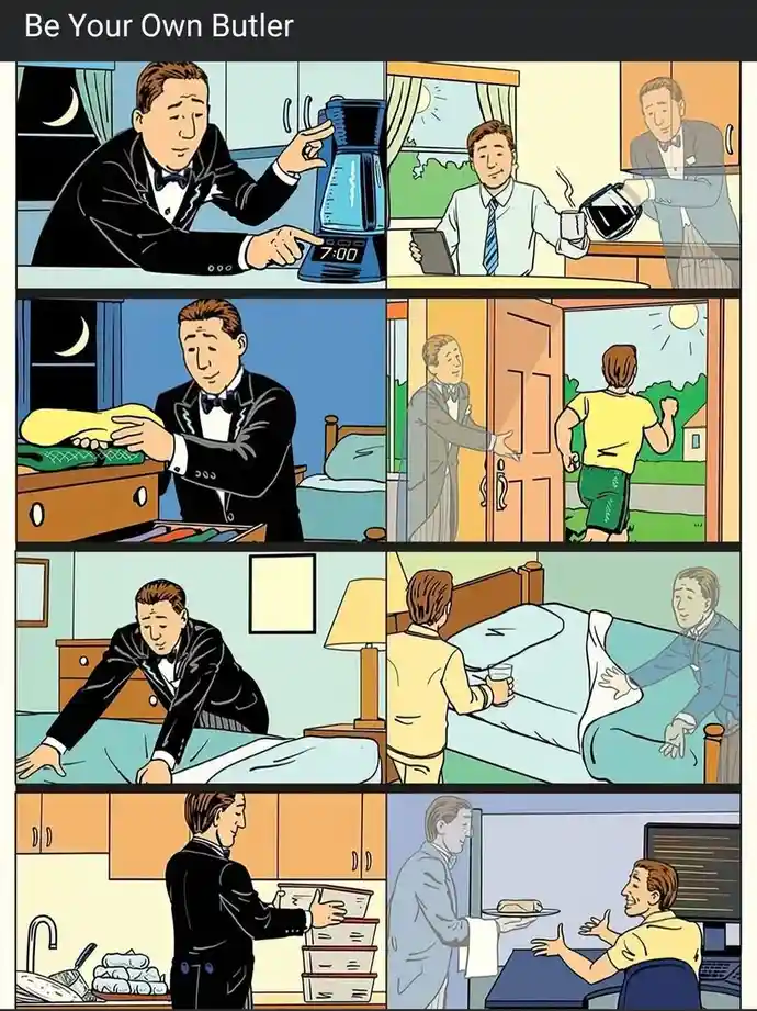 A comic strip shows a man in a tuxedo performing butler tasks like making coffee, folding clothes, making the bed, and…