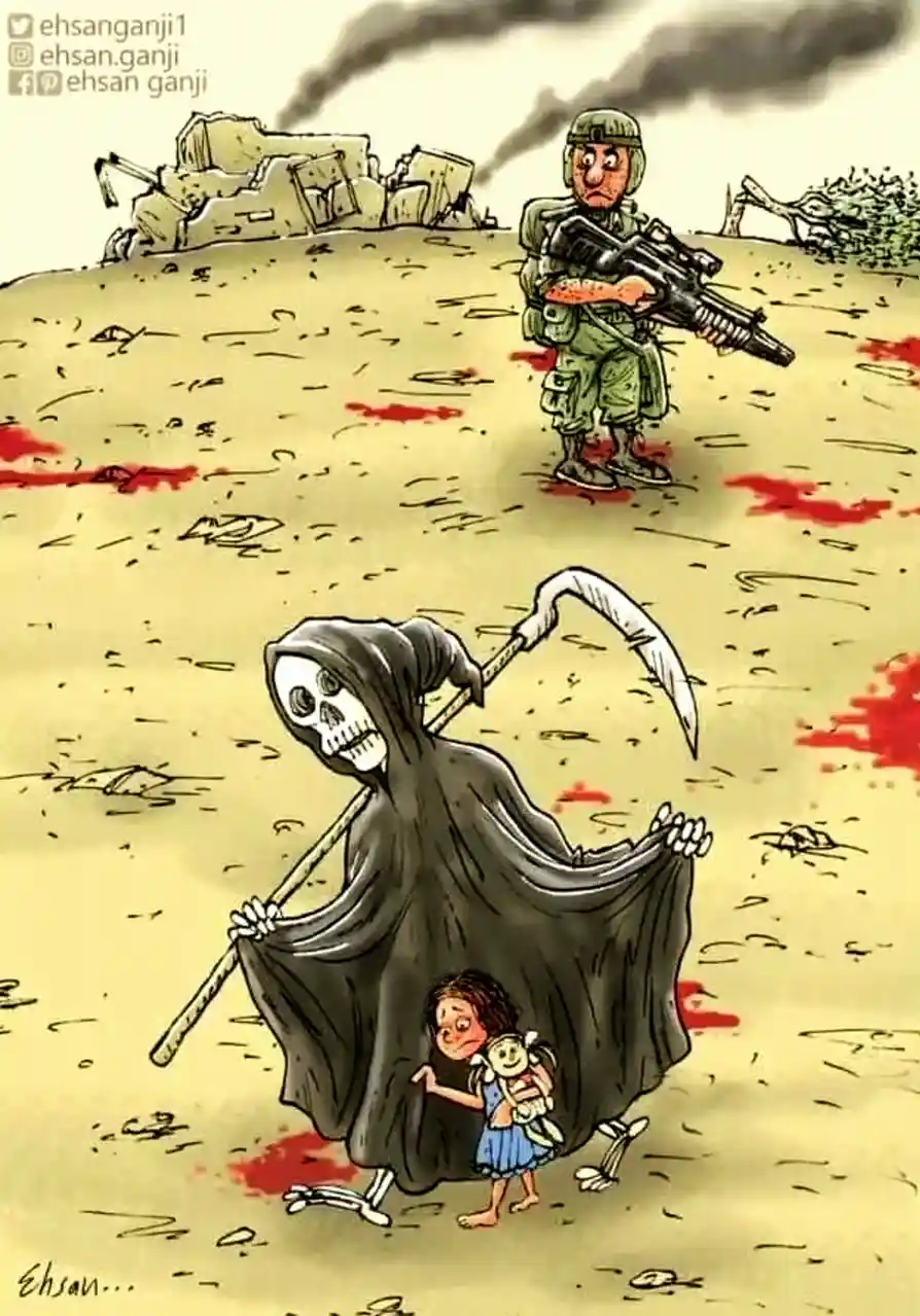 A cartoon depicts a grim reaper in a black cloak holding a scythe, standing beside a small, sad child holding a doll in a…