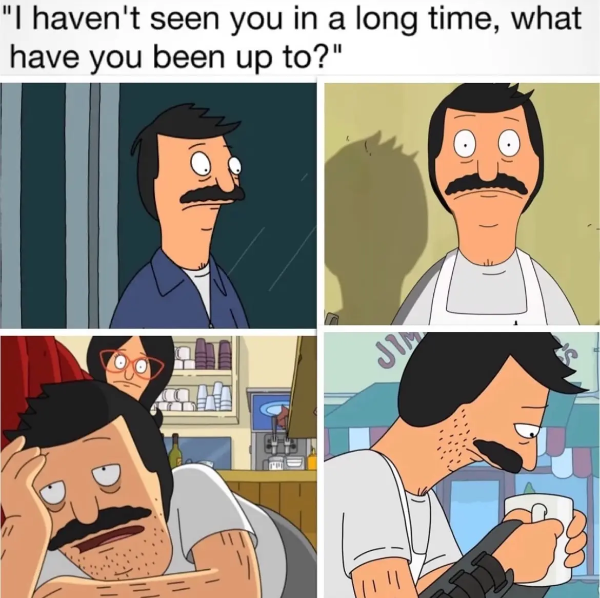 A four-panel Bob's Burgers meme showing Bob looking surprised, then thoughtful, then stressed, and finally holding a gun…