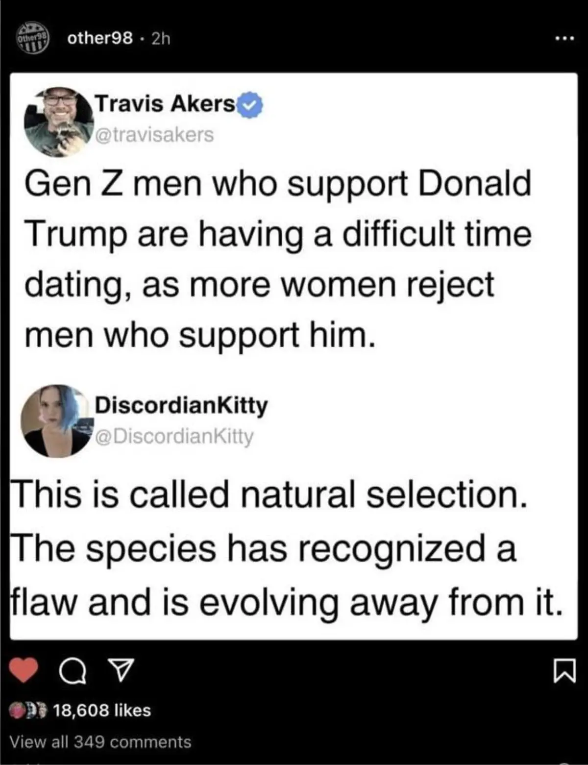 A screenshot of a social media post showing a tweet from Travis Akers stating that Gen Z men supporting Donald Trump are…