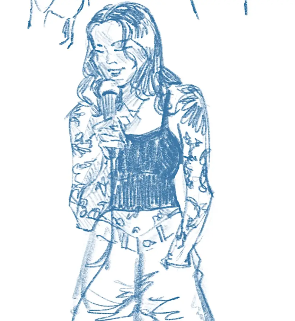 A blue ink sketch of a woman with shoulder-length hair, wearing a patterned jacket over a tank top and pants, holding a…