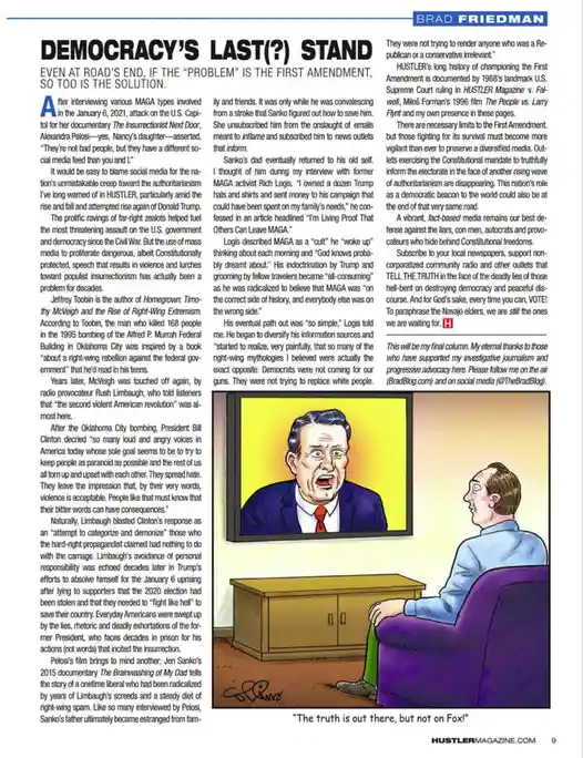 A man sits in a purple armchair watching a TV screen showing a cartoon of a man in a suit and red tie with a shocked…