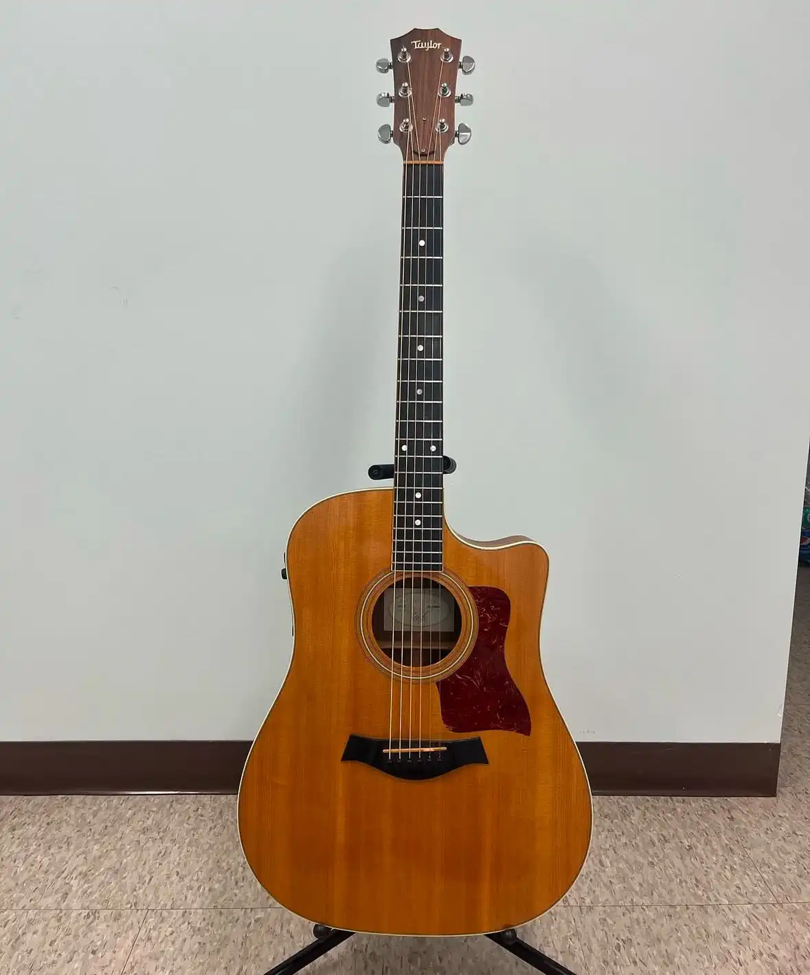 A full-length photo of a Taylor acoustic guitar with a cutaway body, standing upright on a black stand against a plain white…