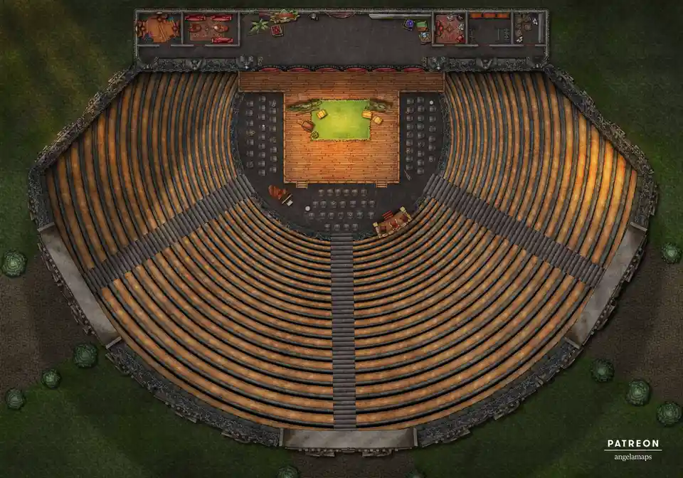 This is a top-down digital illustration of an empty, ornate, circular amphitheater with tiered wooden seating, a central…