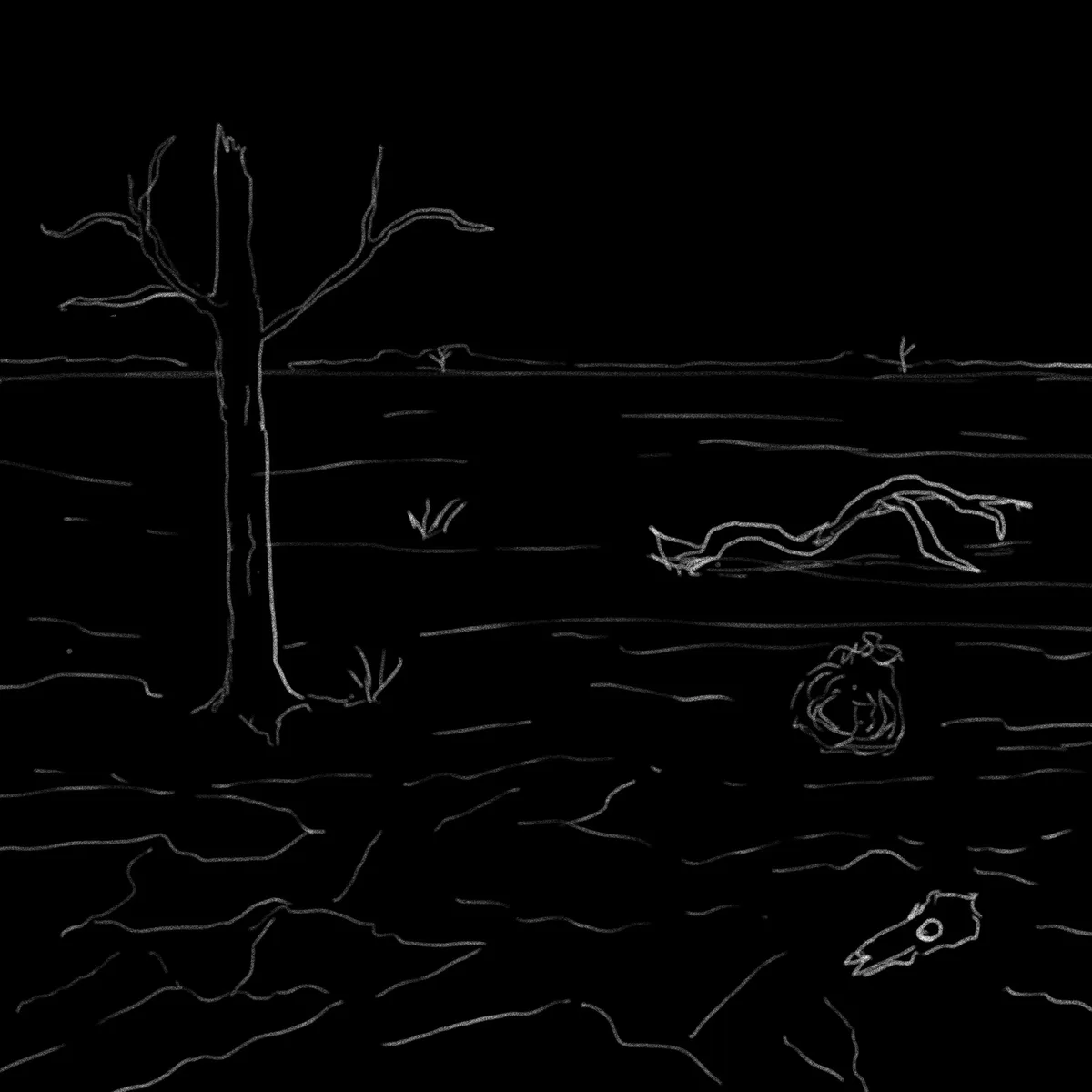 A minimalist black-and-white line drawing depicts a desolate swamp scene with a bare tree, wavy water, and several submerged…
