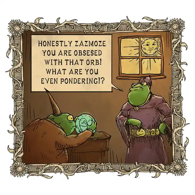 A cartoon illustration shows a green-skinned, horned creature hunched over a chest, intently staring at a glowing orb. A…