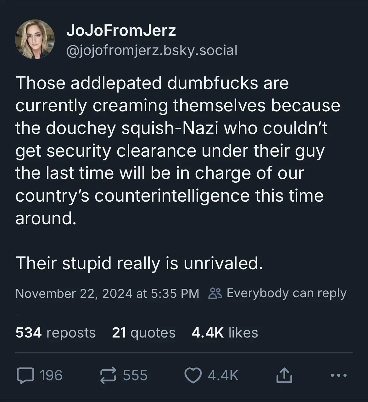 A screenshot of a social media post by JoJoFromJerz on a dark-themed platform, featuring white text that reads: 'Those…