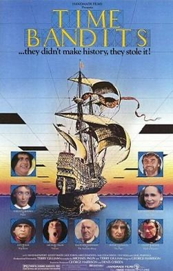 A movie poster for 'Time Bandits' shows a fantastical sailing ship with a large, ornate helm and sails against a stylized…